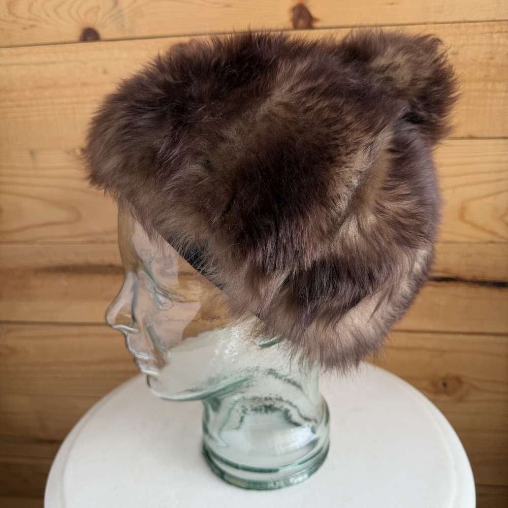 Vintage Brown Long Fur Hat Made‎ in Italy Genuine Soft Fluffy Pom Pom Warm 70s